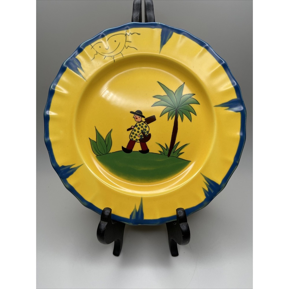 Vintage Haldon Group Soleil Salad Plates 8.25" 80s Garden Sun‎ Yellow Blue Tree